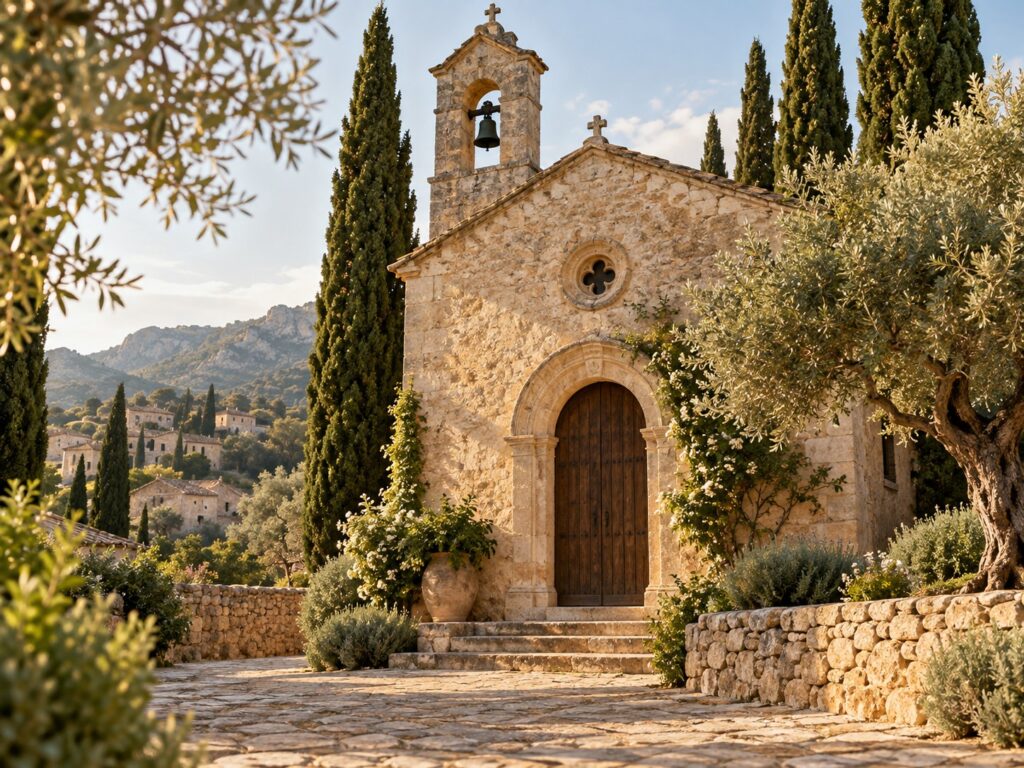 Capilla de piedra mediterránea entre olivos, imagen ilustrativa