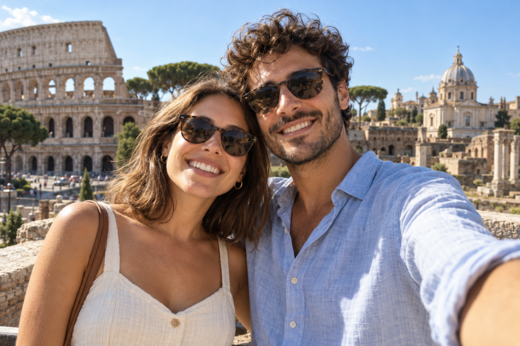 Selfie de una pareja de viaje en Roma